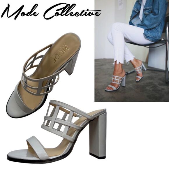 Mode Collective Lily White Grey Nappa Leather Caged Block Heeled Slip On Sandals - Picture 1 of 14